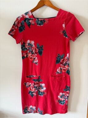 Joules Red Floral Knit Dress with front pockets 100% cotton